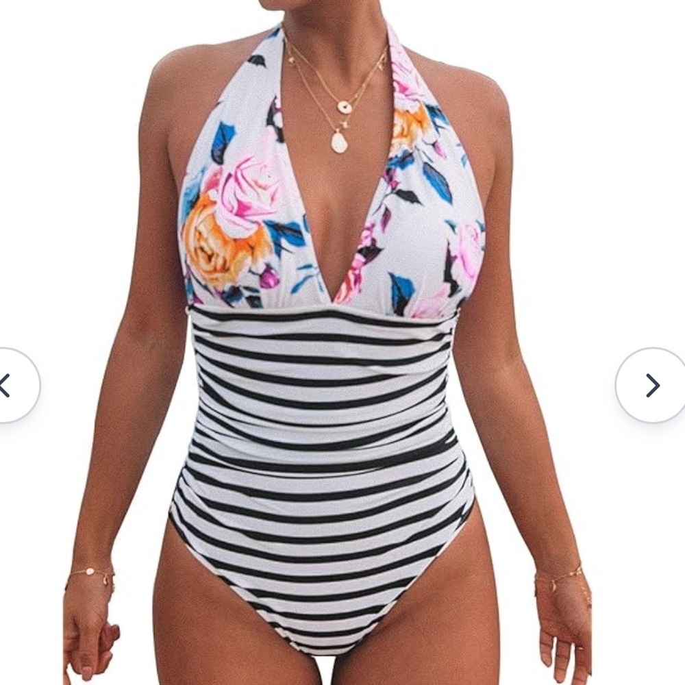 NWT Cupshe 0X Floral Stripe Halter Tummy Control One Piece Swimsuit
